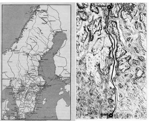 Map of Sweden with the air route drawn in.